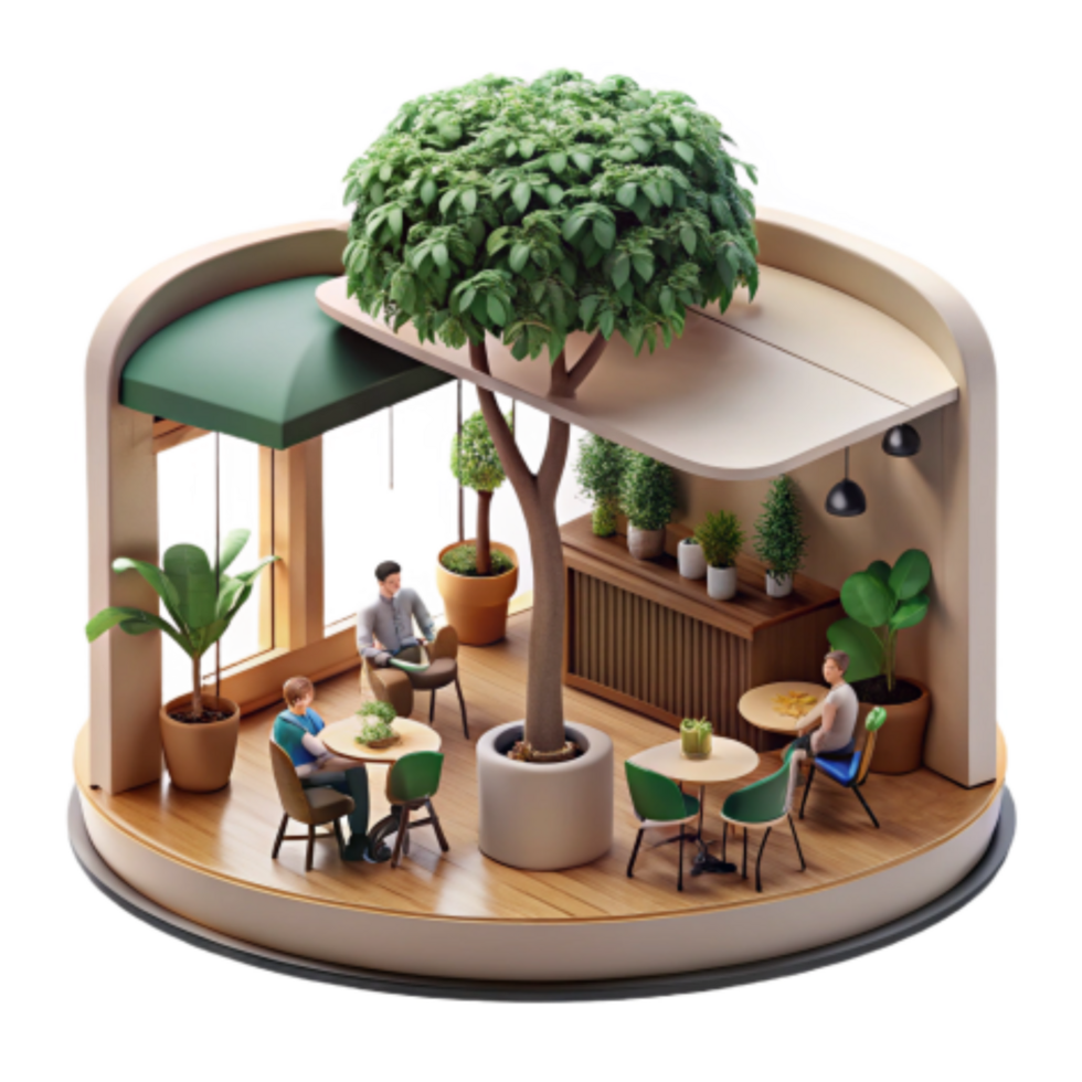 serene artistic Relaxing Cafe Interior Design with Plants 4K png