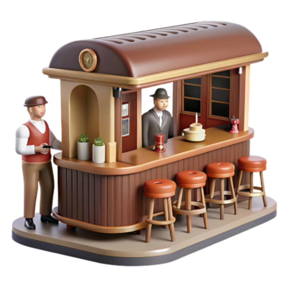 dramatic modern Retro Train Bar 3D Render of Vintage Bar Scene high quality png