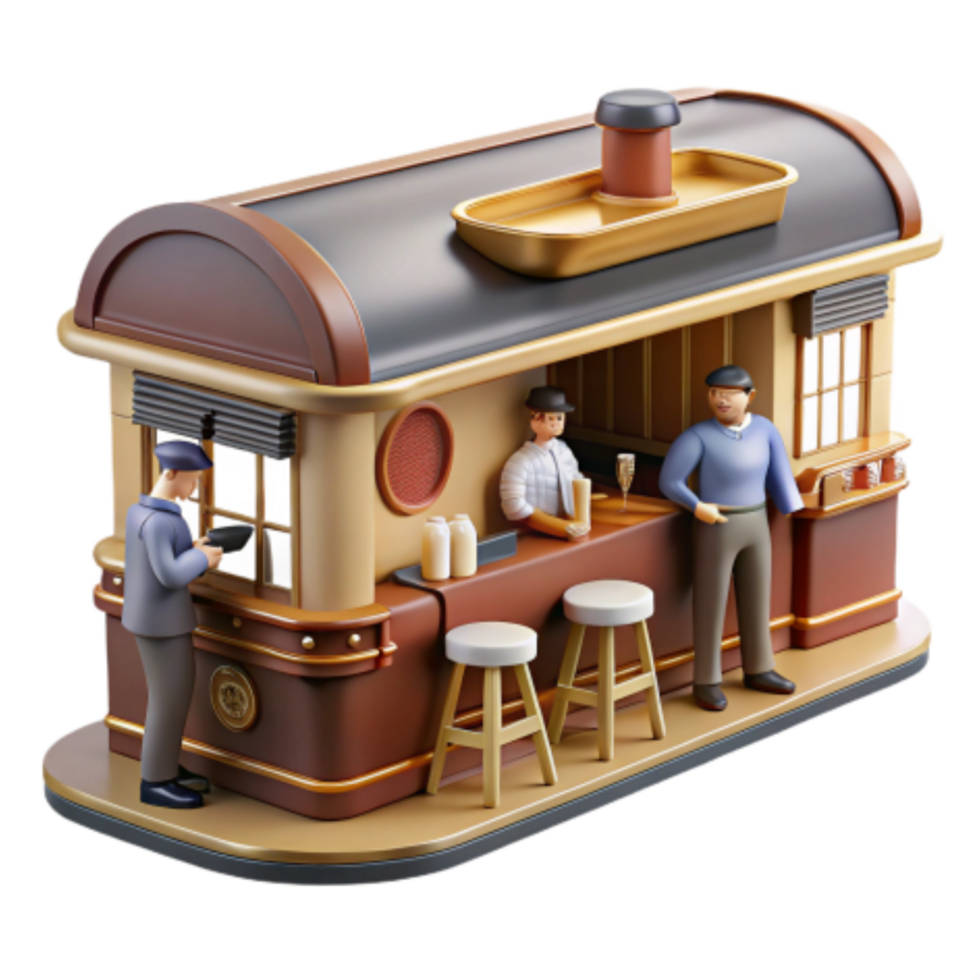 wonderful modern Retro Bar Cart, 3D Render, Vintage Shop, Small Business, Cafe, Stool, Drinks, Counter, Illustration 4K png