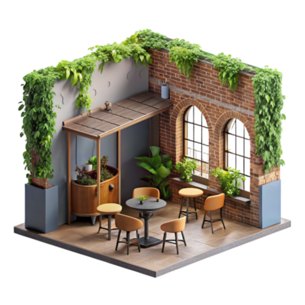 dramatic minimalist 3D Render Urban Oasis Patio Cafe Design 4K png