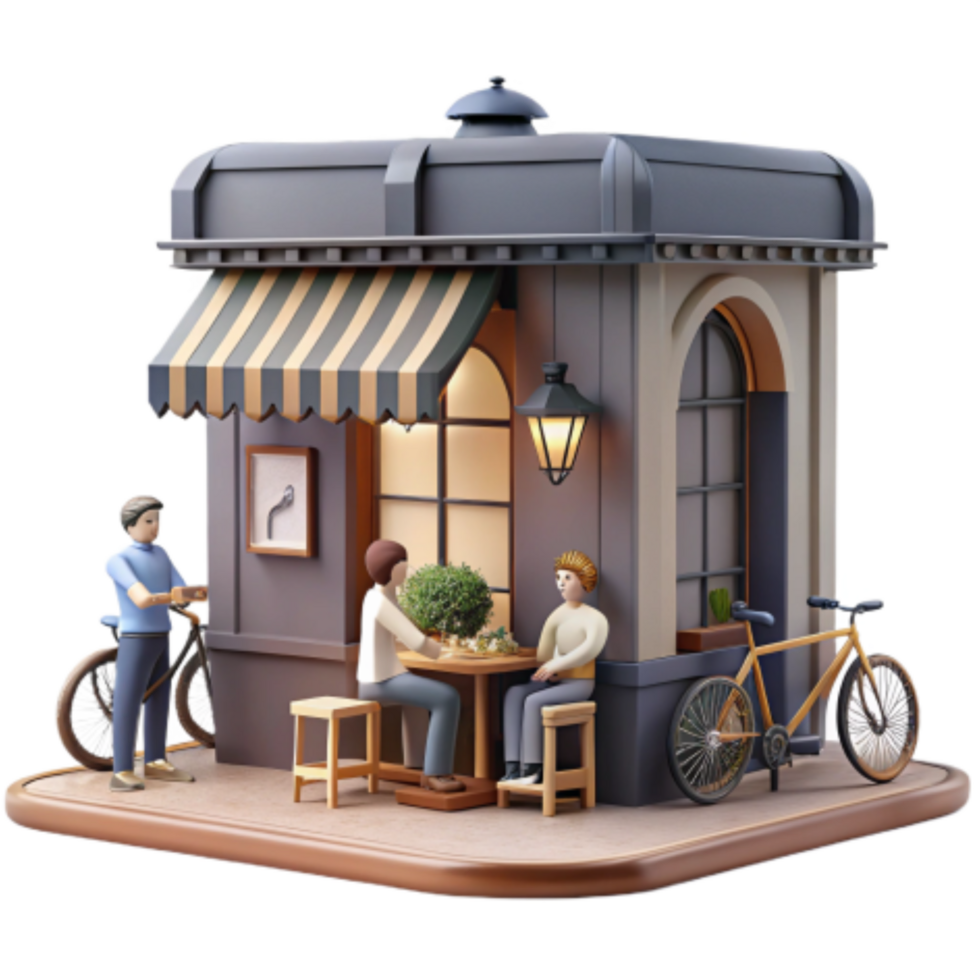wonderful classic Cozy Cafe Scene Outdoor Seating, Bikes, and Friends high resolution png