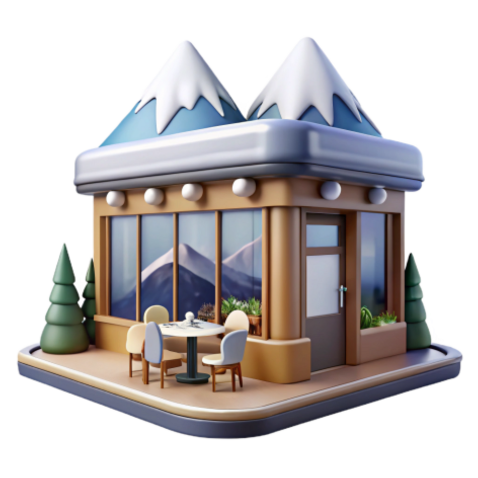 beautiful minimalist Mountain View Cafe 3D Render of Cozy Restaurant genuine png