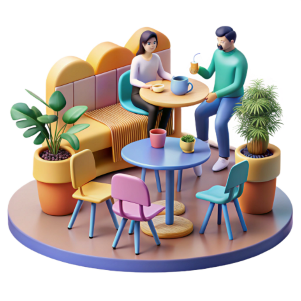 vibrant artistic 3D Render Cafe Interior, Friends Enjoying Coffee high quality png
