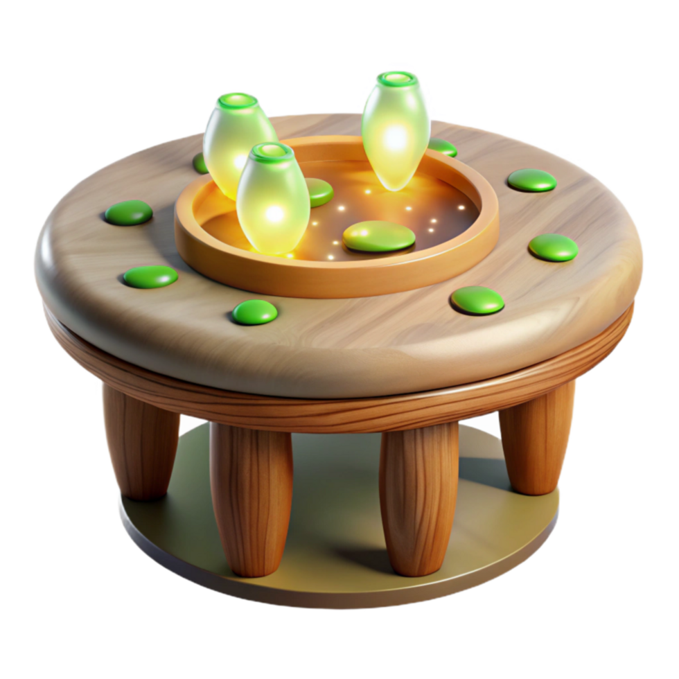 vibrant rustic Enchanted Wooden Table with Glowing Vases high resolution png