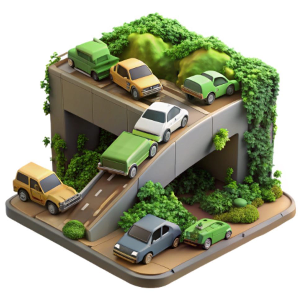 magnificent minimalist Miniature Car Scene Overpass, Vehicles, Greenery high quality png