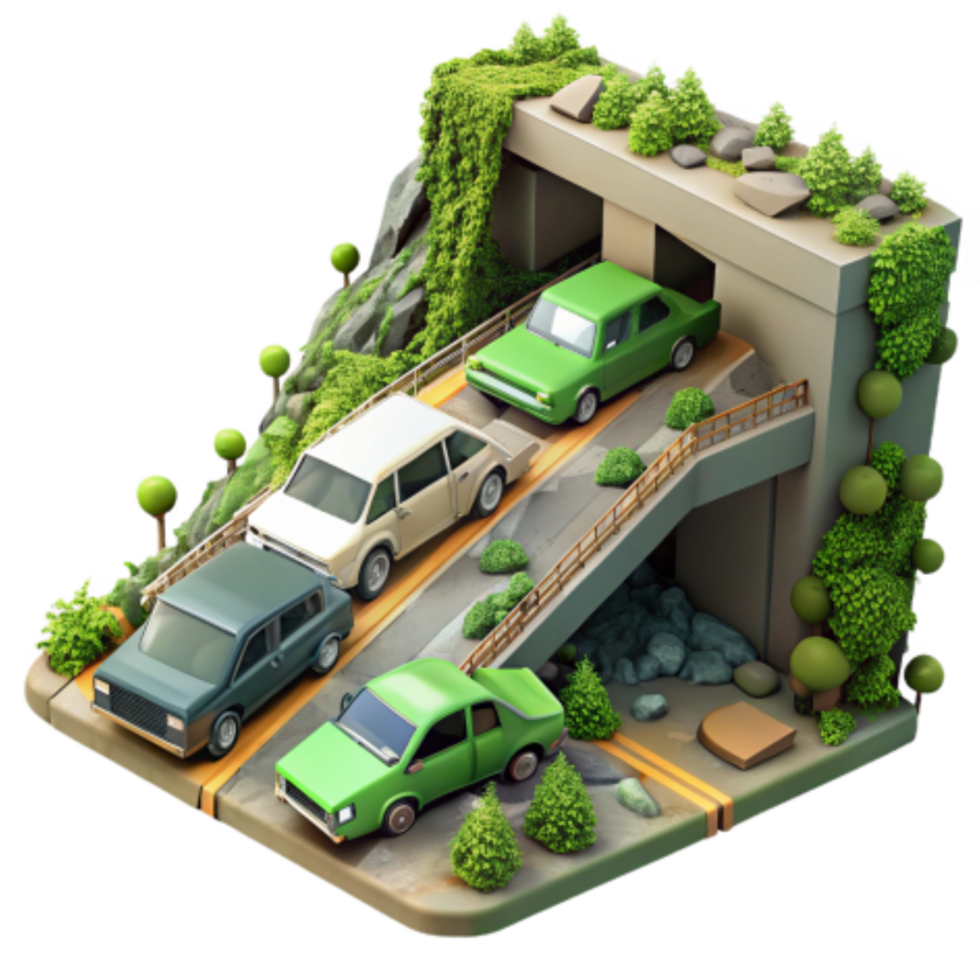 impressive rustic Cars Ascending Hillside Tunnel Isometric View professional png
