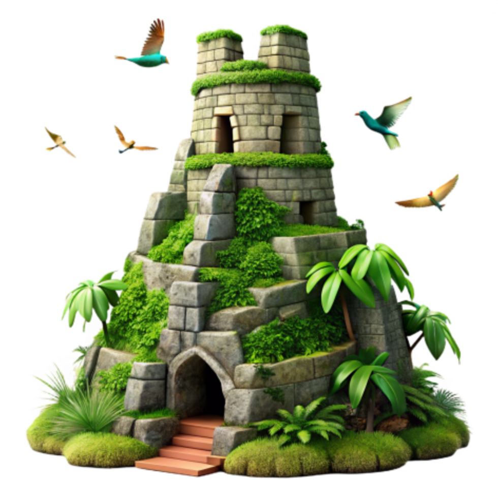 elegant traditional Jungle Ruin Tower Ancient Stone Structure with Lush Vegetation original png