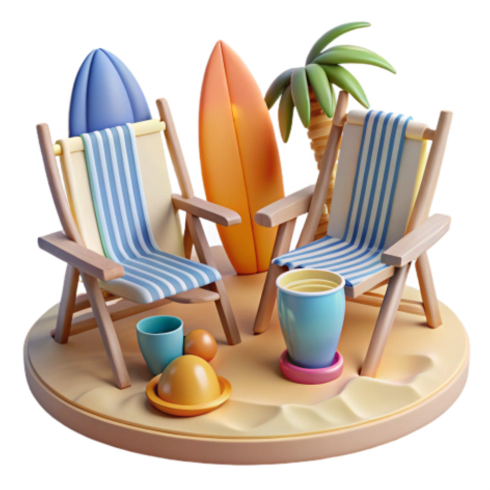 vibrant abstract Summer Beach Scene Relaxing Chairs, Surfboards, and Palm Trees authentic png