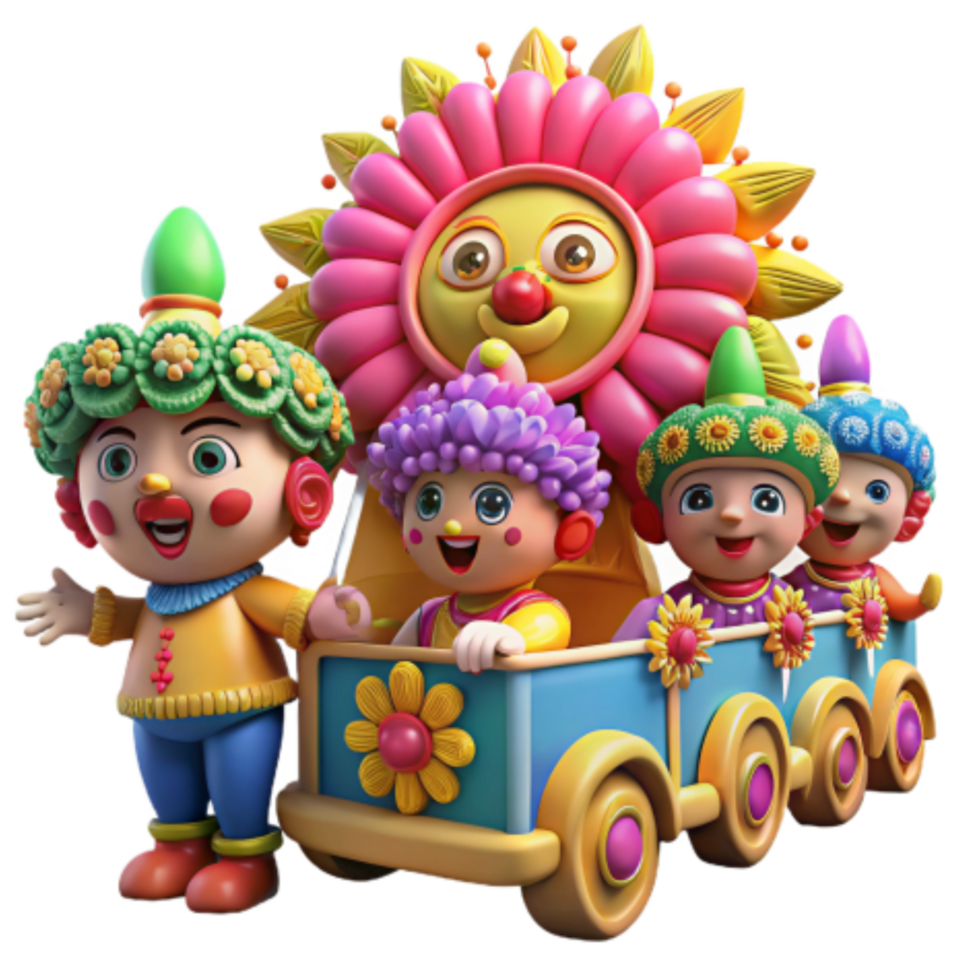vibrant rustic Joyful Flower Festival Parade Cute Cartoon Characters in a Wagon authentic png