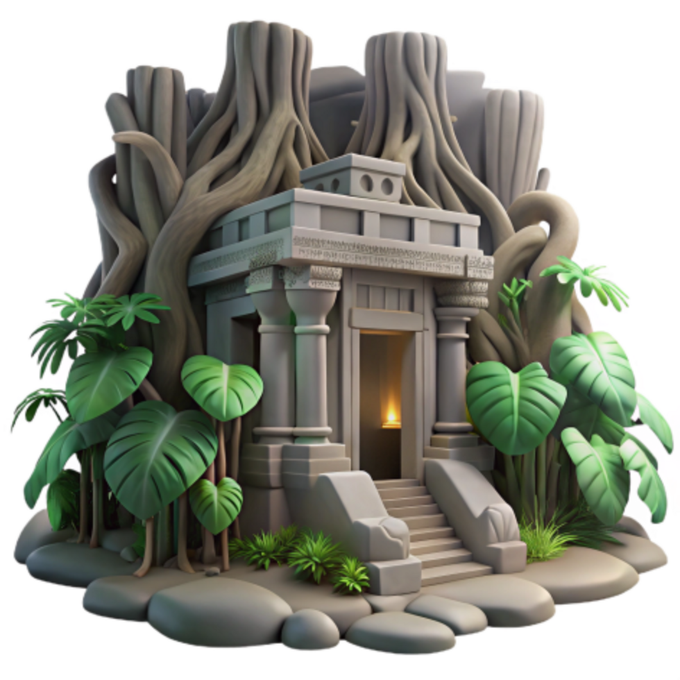 elegant minimalist Jungle Temple 3D Model Ancient Ruins, Lush Foliage, Stone Architecture 4K png