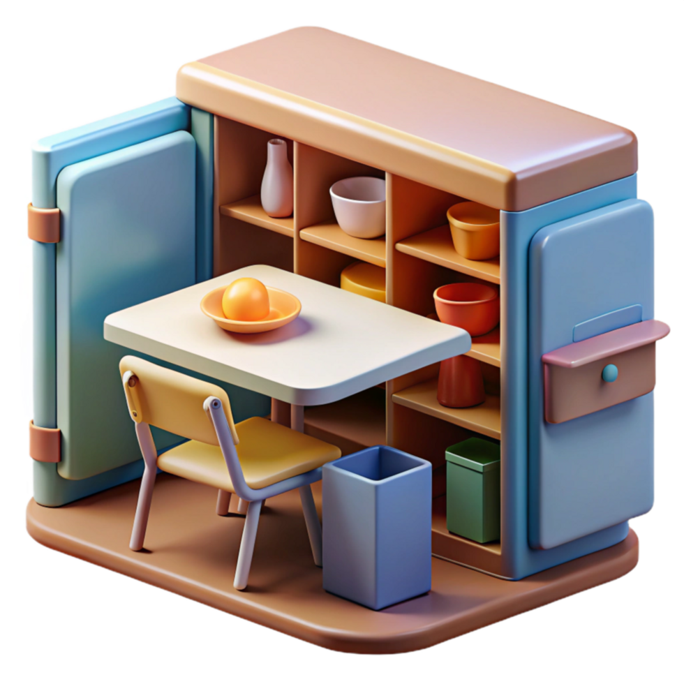 beautiful abstract Compact Kitchenette 3D Render of Miniature Table, Chairs, and Cabinets high resolution png