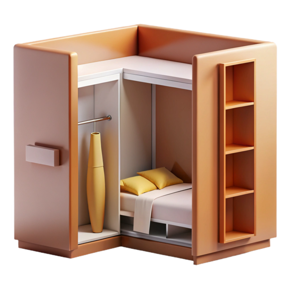 serene rustic Space-Saving Corner Bedroom with Closet and Shelving detailed png