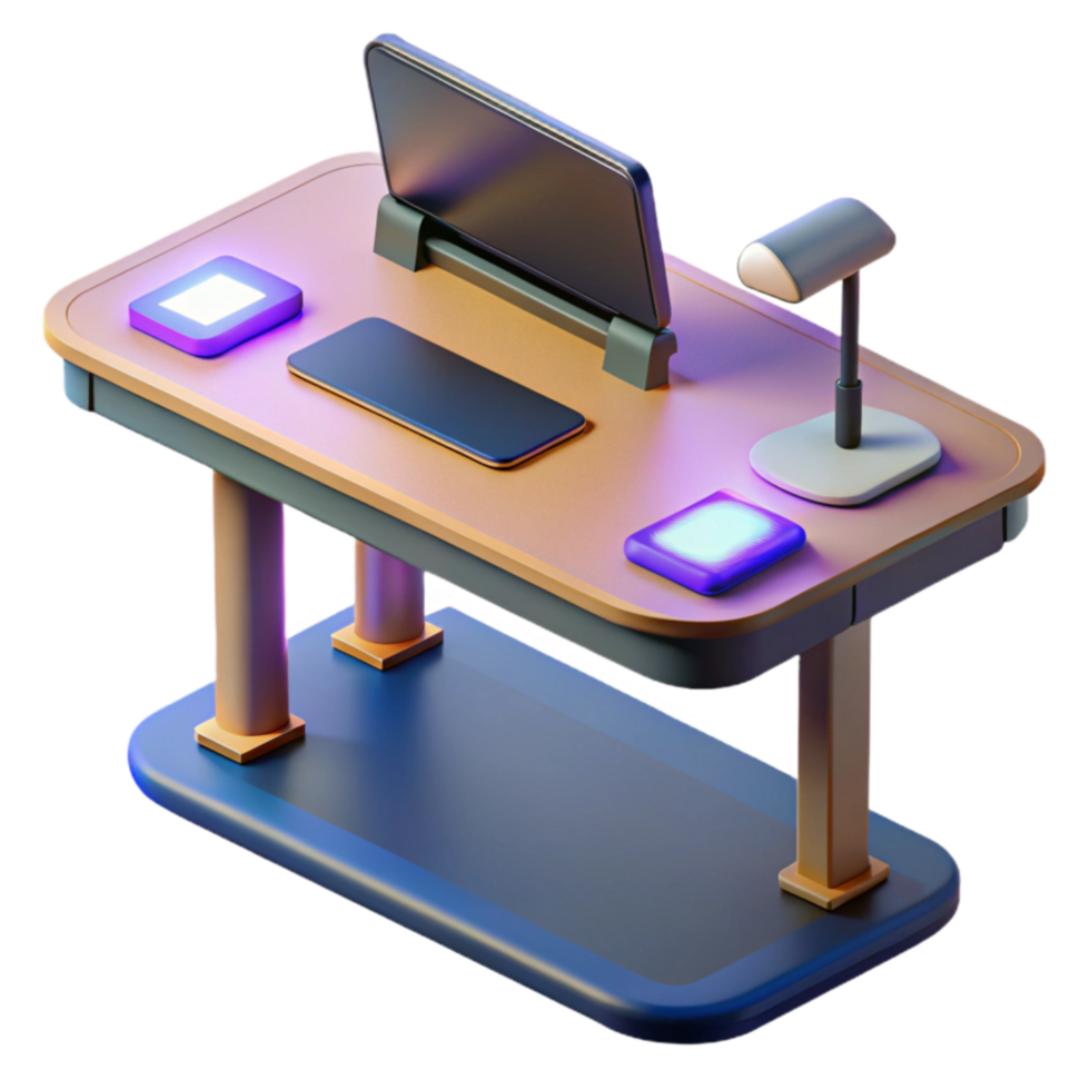 elegant rustic Modern Desk Setup Ergonomic Workspace with Ambient Lighting high quality png