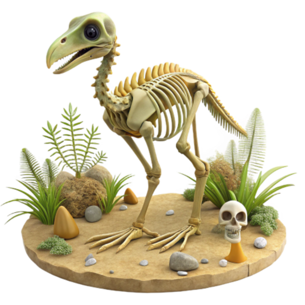 extraordinary contemporary Prehistoric Avian Skeleton Fossil, Extinct Bird, Anatomy, Paleontology, Ancient, Bones, Display, Diorama, Museum Exhibit, Scientific Illustration premium png
