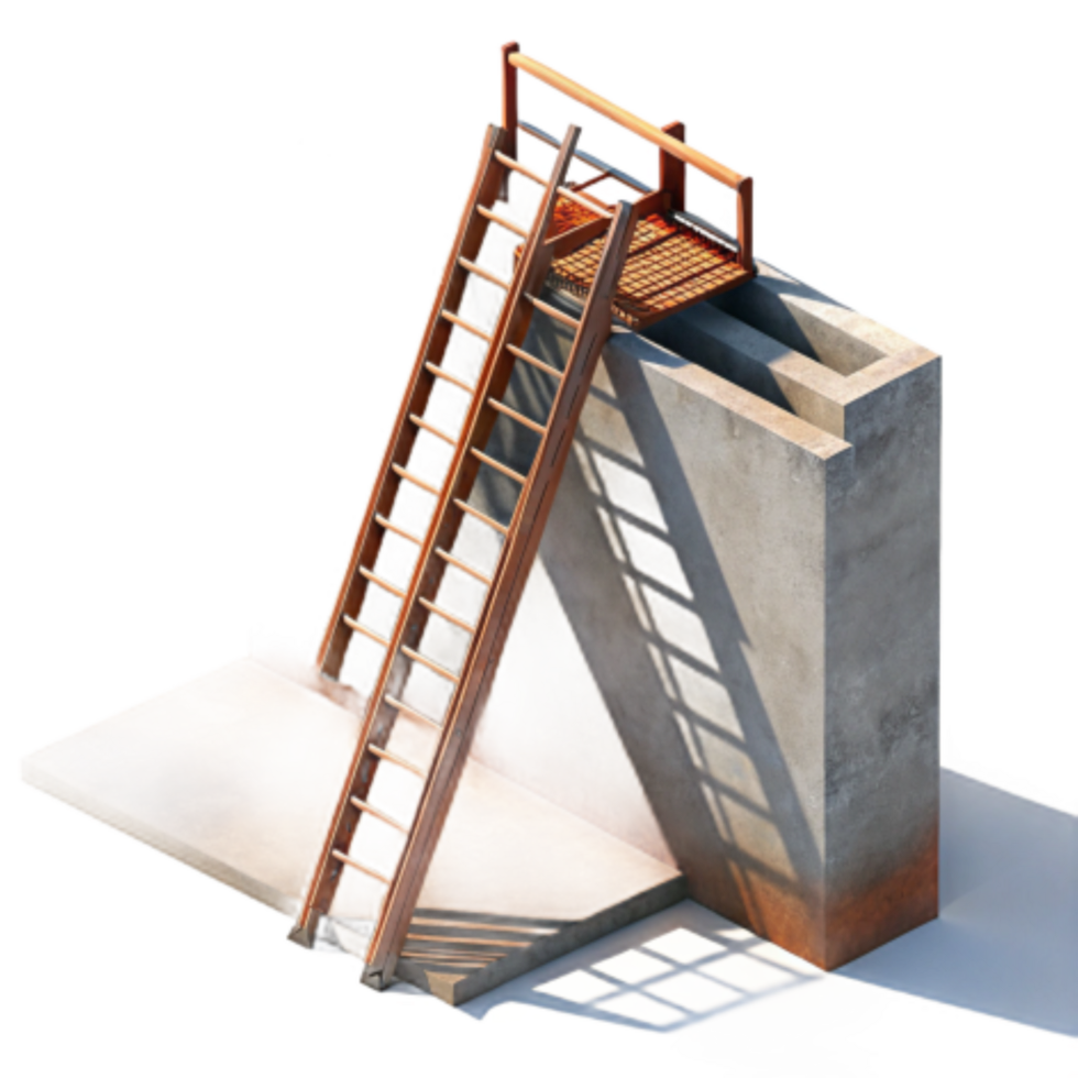 extraordinary minimalist Wooden Ladder Access to Concrete Platform 4K png