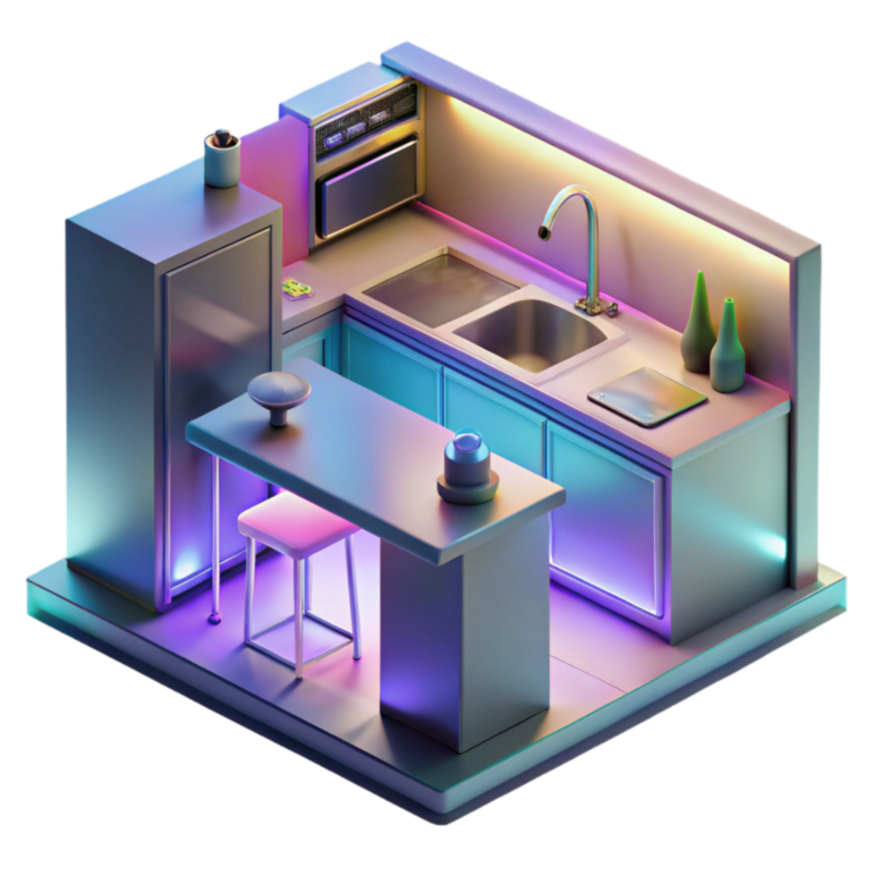 serene abstract Modern Kitchen Design Isometric 3D Render of Illuminated Space genuine png
