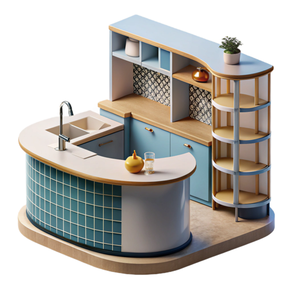 vibrant modern Modern Kitchen Island Design Curved Counter, Blue Tiles, Open Shelving professional png