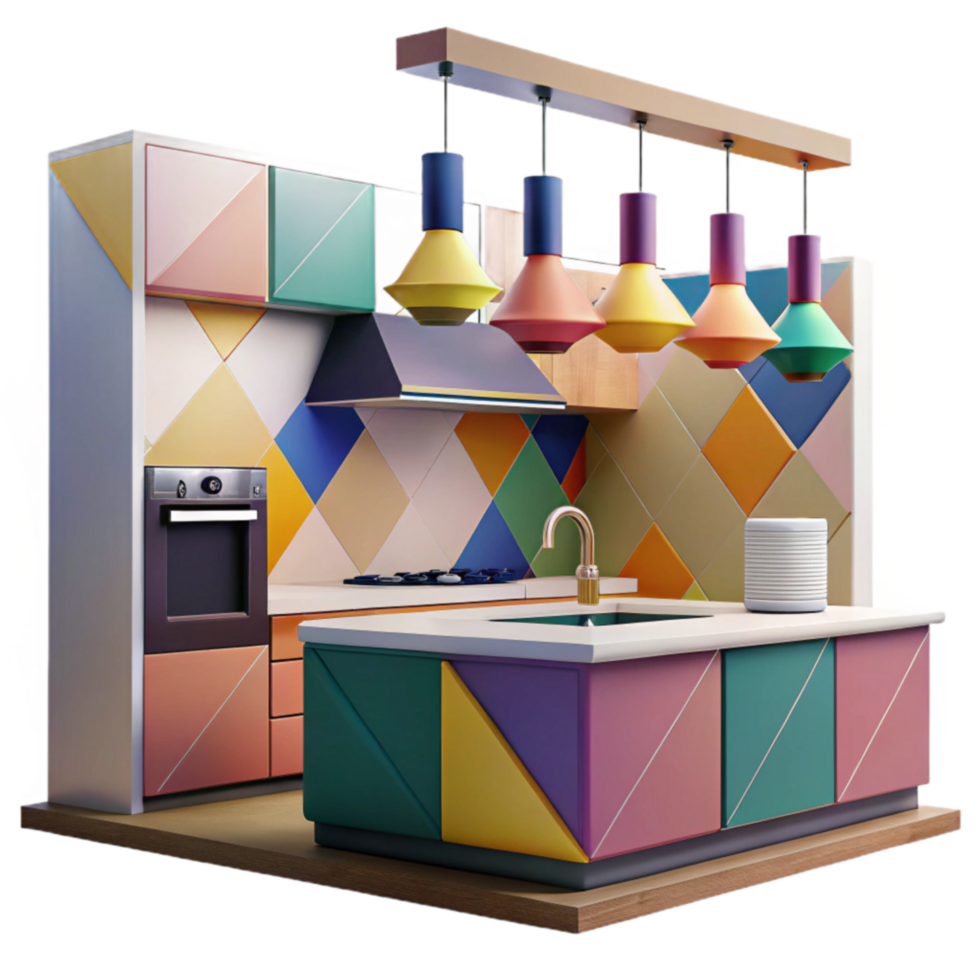 stunning rustic Colorful Kitchen Design Geometric Tiles, Modern Island authentic png