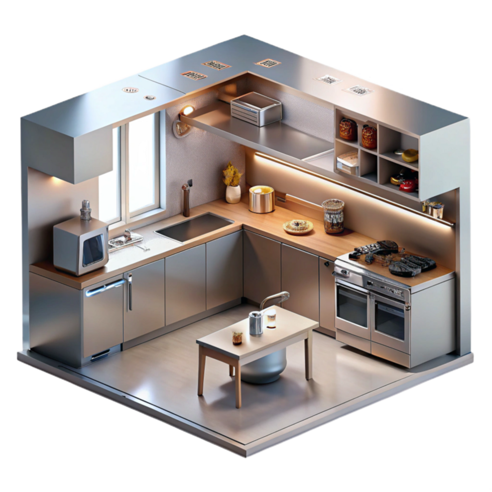 vibrant contemporary Modern Kitchen Design Isometric View of a Contemporary Kitchen Space high resolution png