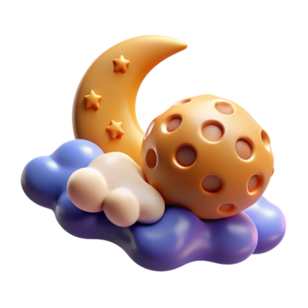 elegant traditional 3D Render Crescent Moon, Stars, and Planet on Clouds professional png