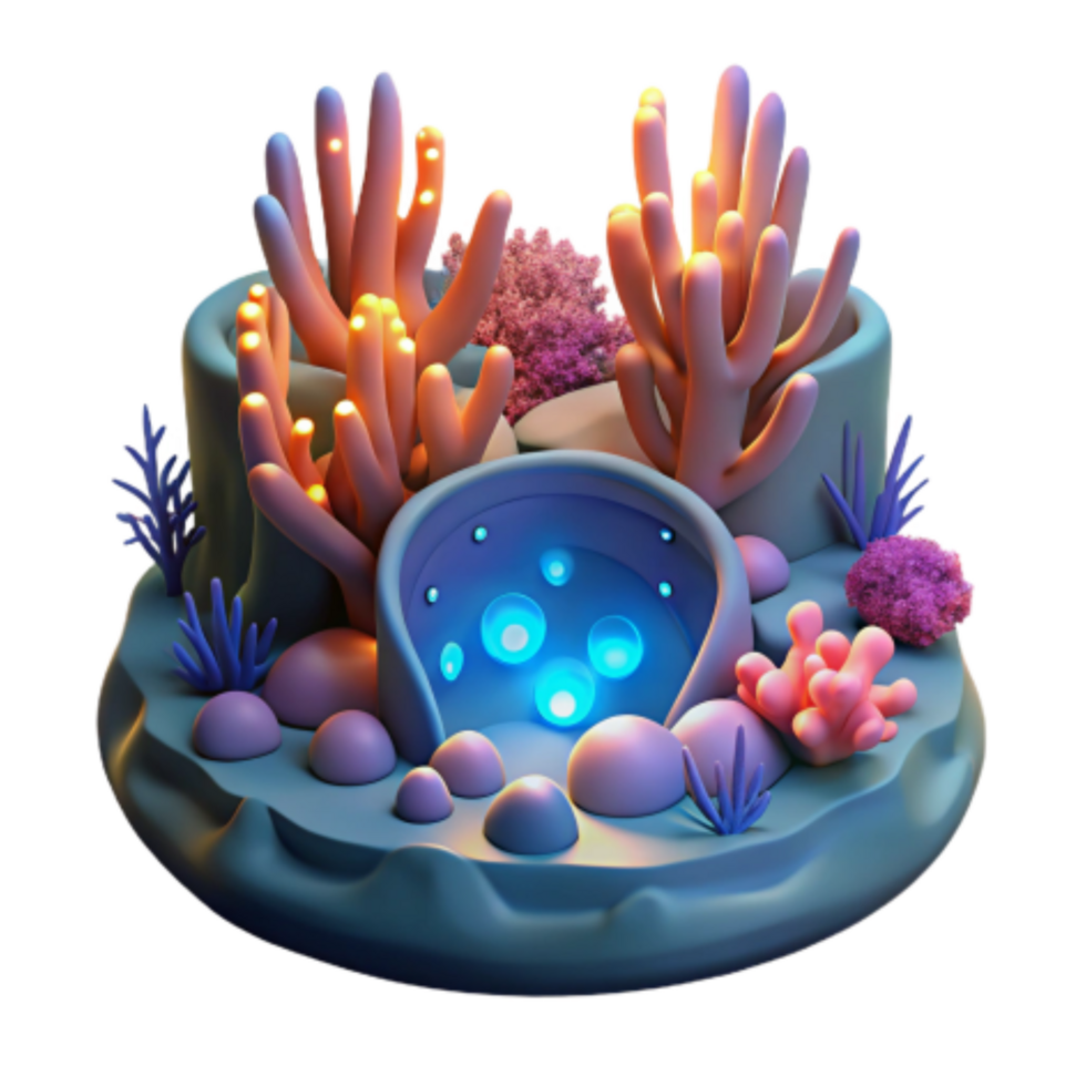 dramatic contemporary Glowing Underwater Scene 3D Coral Reef with Bioluminescent Cave exclusive png