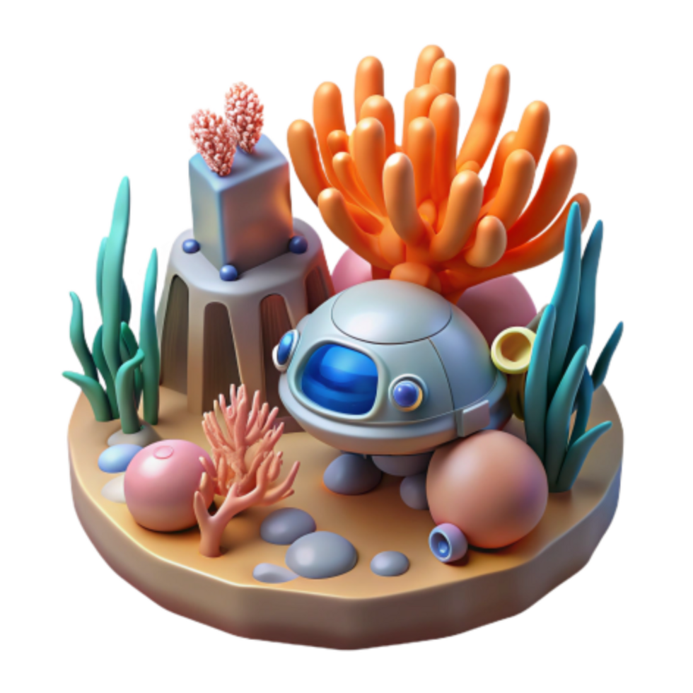 stunning minimalist Undersea Robot Coral Reef 3D Render exclusive png