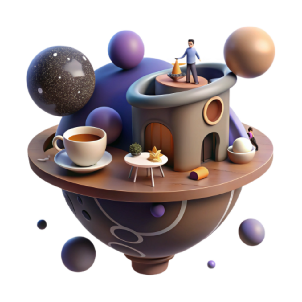 impressive creative Floating House, Coffee, and Abstract Spheres 3D Render genuine png