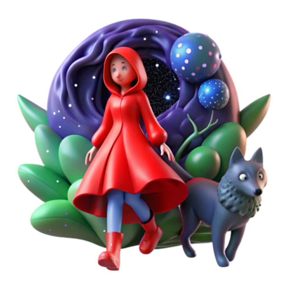 elegant creative Red Hood, Wolf, and Cosmic Garden 3D Render 4K png
