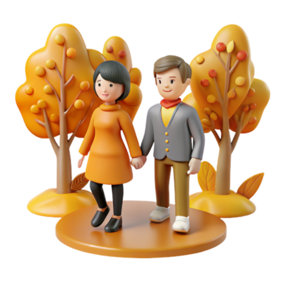 vibrant creative Autumn Couple Stroll 3D Render of Romantic Fall Scene authentic png
