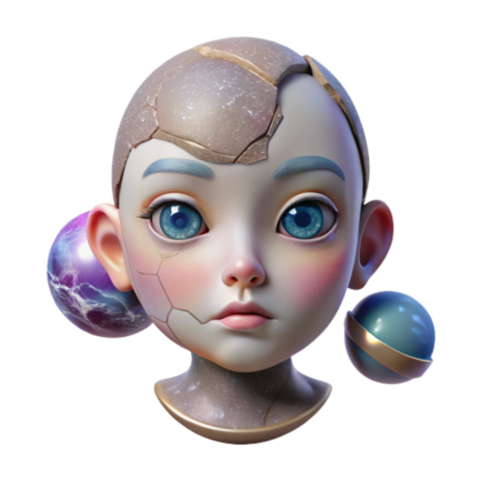 extraordinary creative Cracked Porcelain Doll with Celestial Spheres authentic png