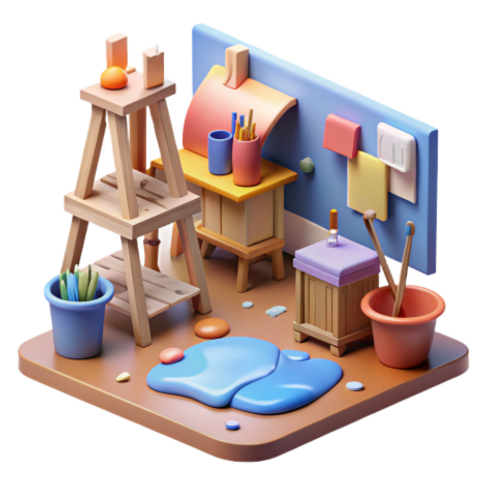 serene abstract Creative Art Studio 3D Render of Messy Workspace original png