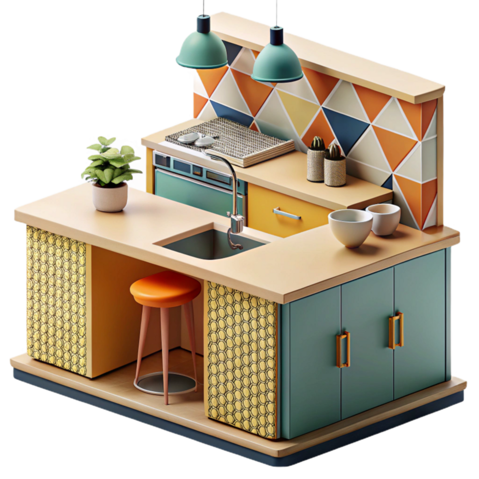 serene abstract Mid-Century Modern Kitchen Island Design Geometric Tiles Honeycomb Accents high resolution png