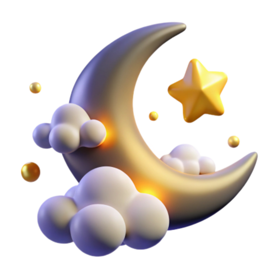 beautiful modern Crescent Moon, Stars, Clouds Night Sky 3D Render authentic png