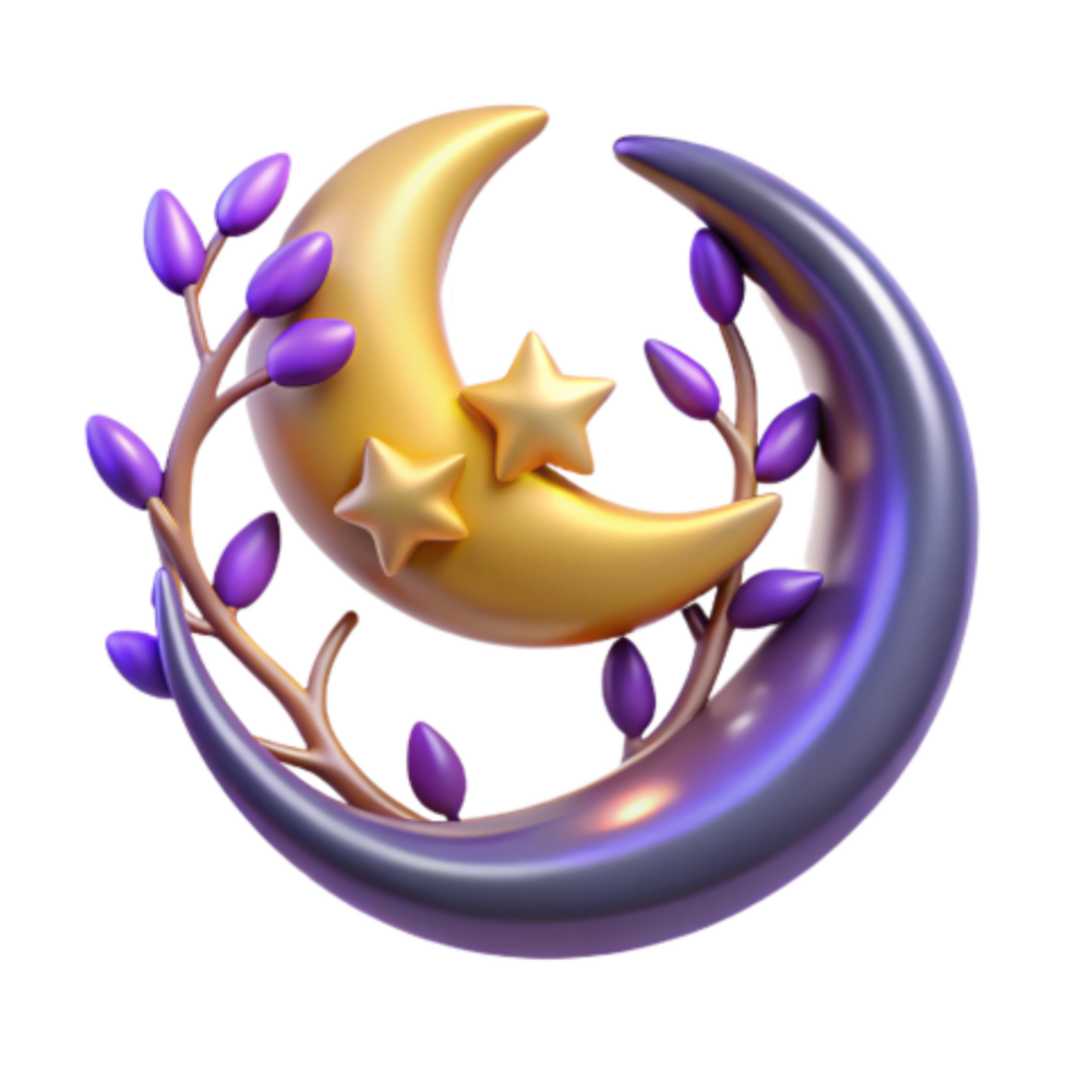 extraordinary abstract Crescent Moon, Stars, and Floral Branches 3D Render professional png