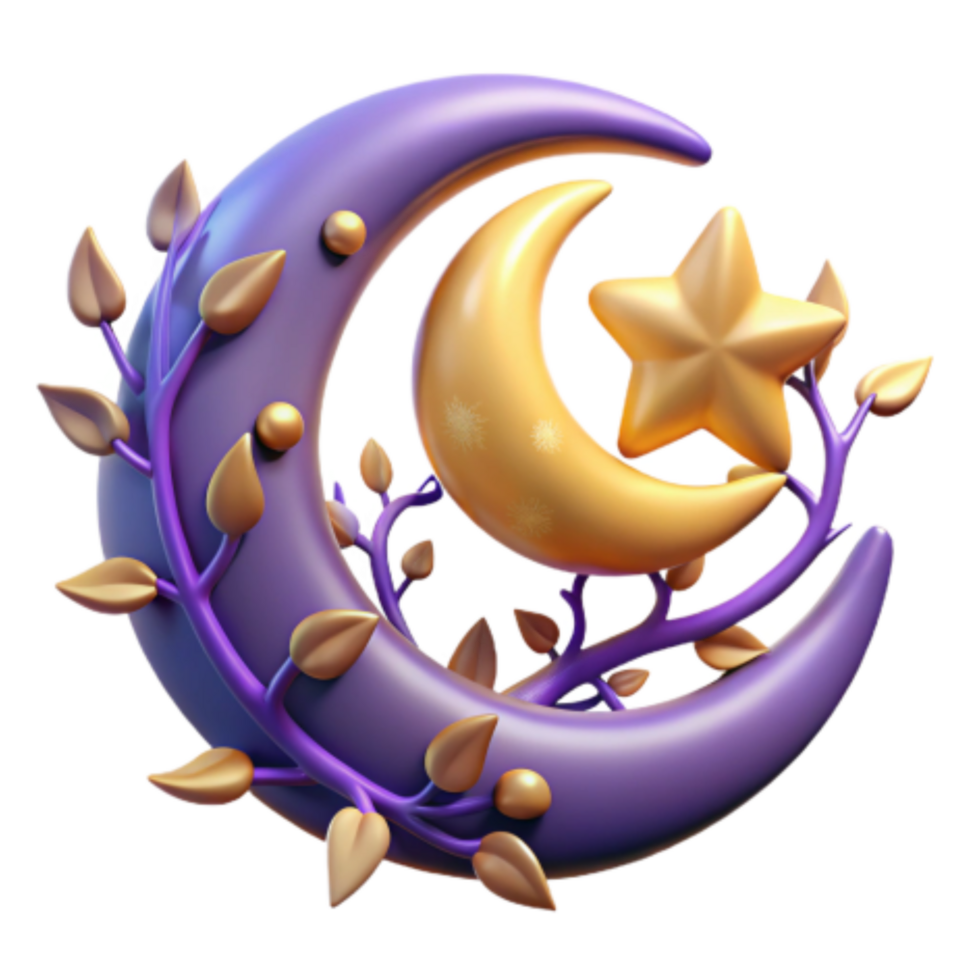 elegant artistic Crescent Moon, Star, and Vine 3D Render genuine png