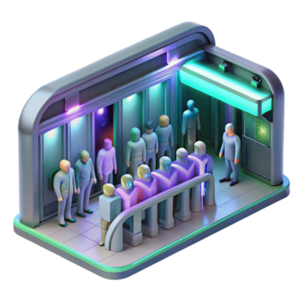dramatic artistic Futuristic Elevator Queue Neon-Lit Corridor, Waiting Passengers 4K png