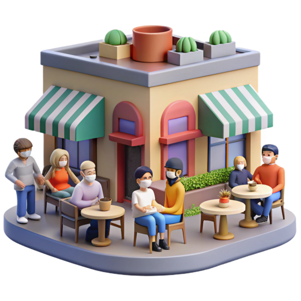 impressive minimalist Cafe Patrons Social Distancing with Masks detailed png