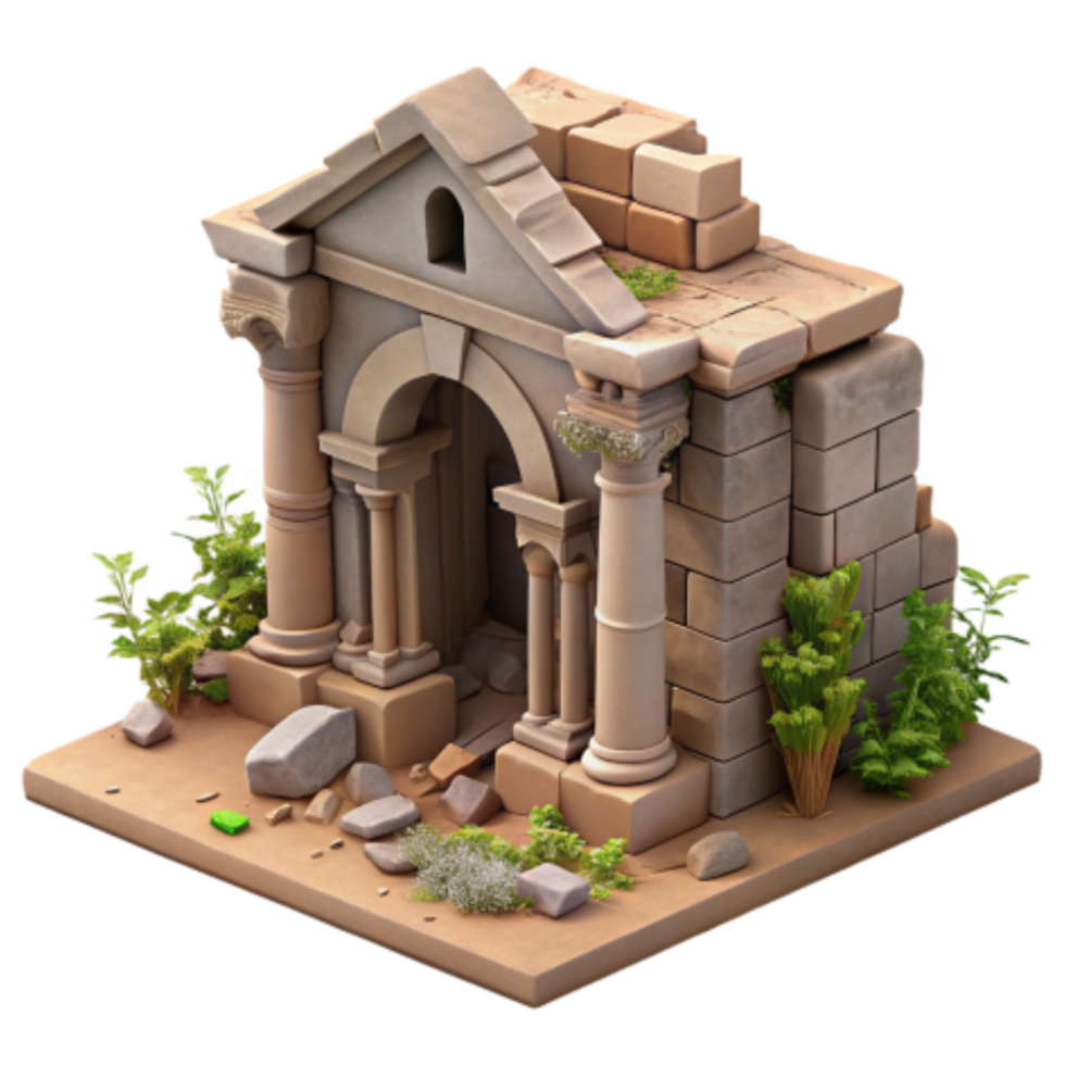 elegant minimalist Ancient Ruins Isometric 3D Model of a Stone Archway authentic png