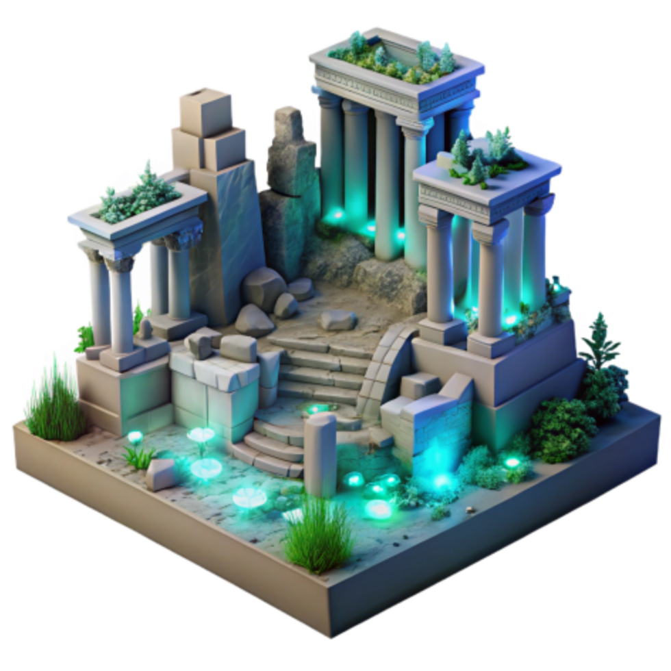 dramatic creative Enchanted Ruins 3D Render of Ancient Stone Architecture with Glowing Flora high quality png
