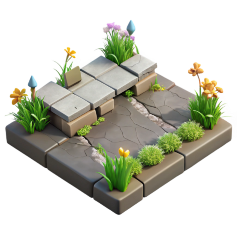 wonderful abstract Stone Path, Cracked Pavement, Spring Flowers, Greenery, Garden, Pathway, Plants, Isometric, 3D Render 4K png