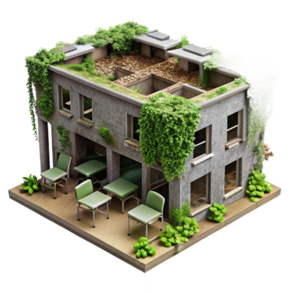 serene rustic Overgrown Building with Patio Post-Apocalyptic Scene authentic png