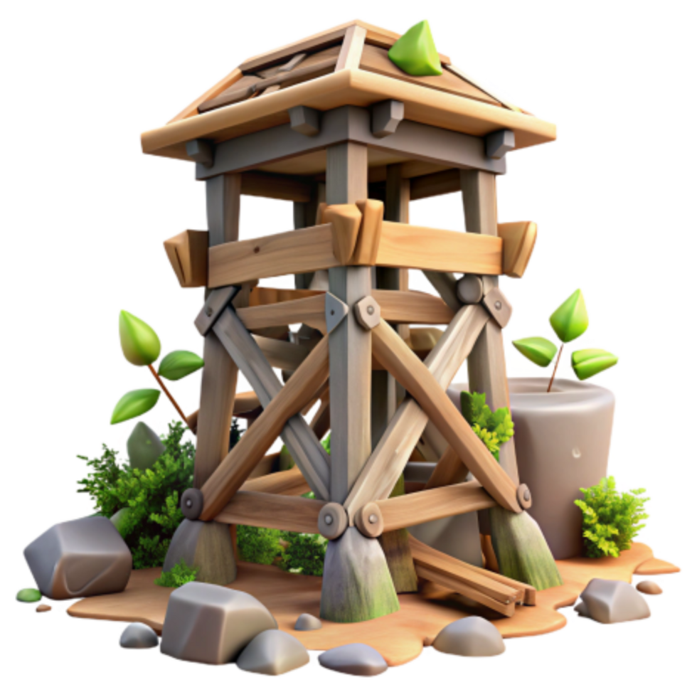 vibrant abstract Wooden Watchtower 3D Model Game Asset 4K png