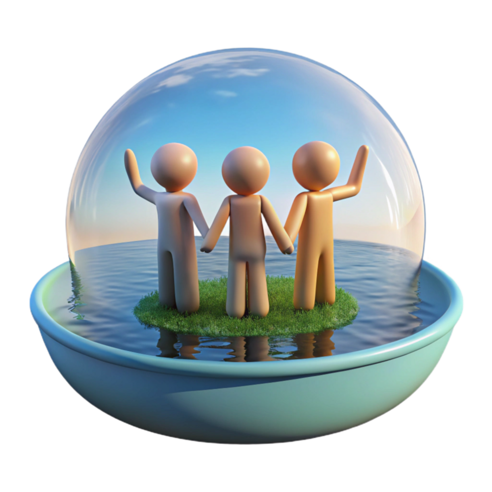 wonderful abstract Safeguarding Unity Three Figures on an Island within a Protective Sphere high quality png
