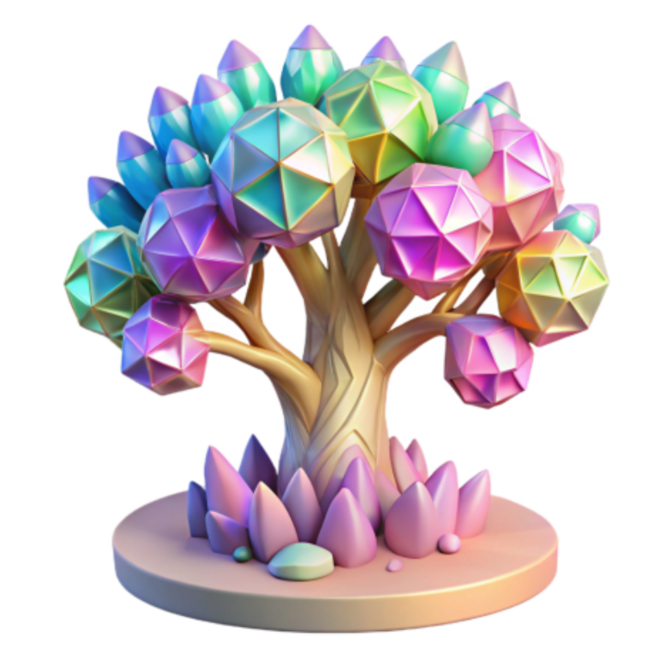 beautiful modern Rainbow Crystal Tree 3D Render of Geometric Fantasy Art authentic png