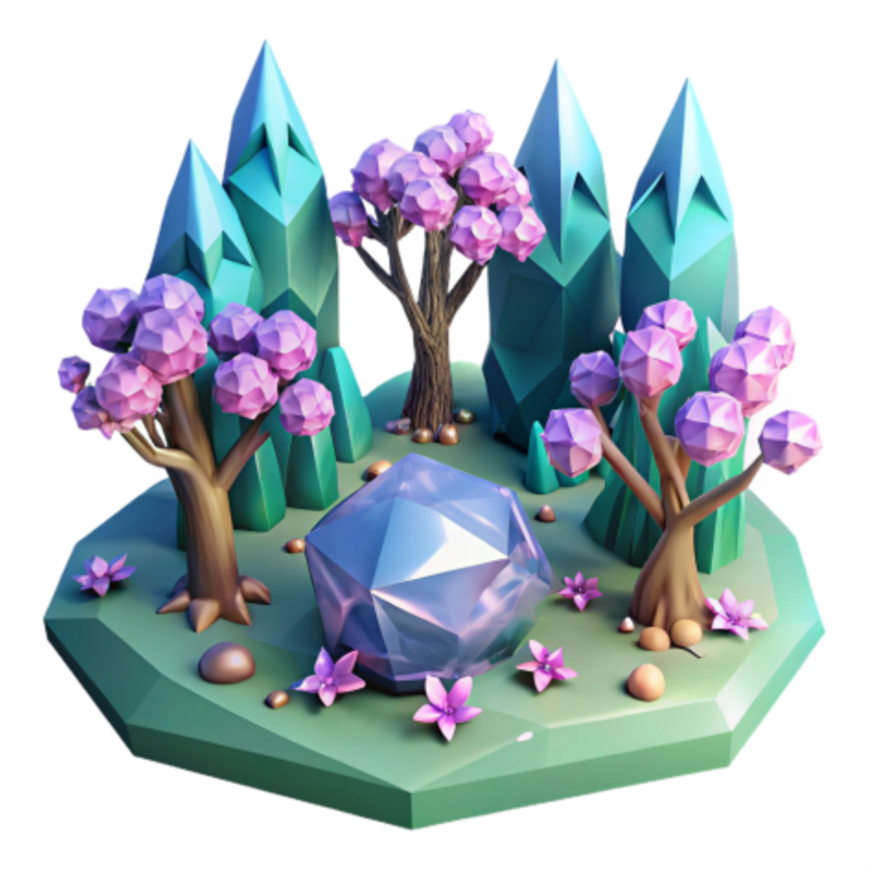 extraordinary abstract Low Poly Crystal Cave with Blooming Trees exclusive png
