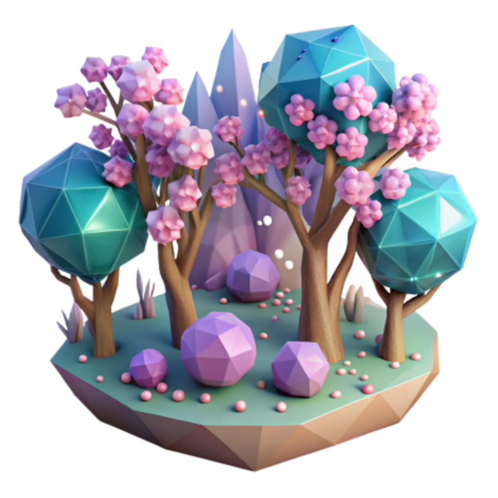 wonderful classic Low Poly Fantasy Forest Scene 3D Render of Crystal Trees Blossoms high quality png