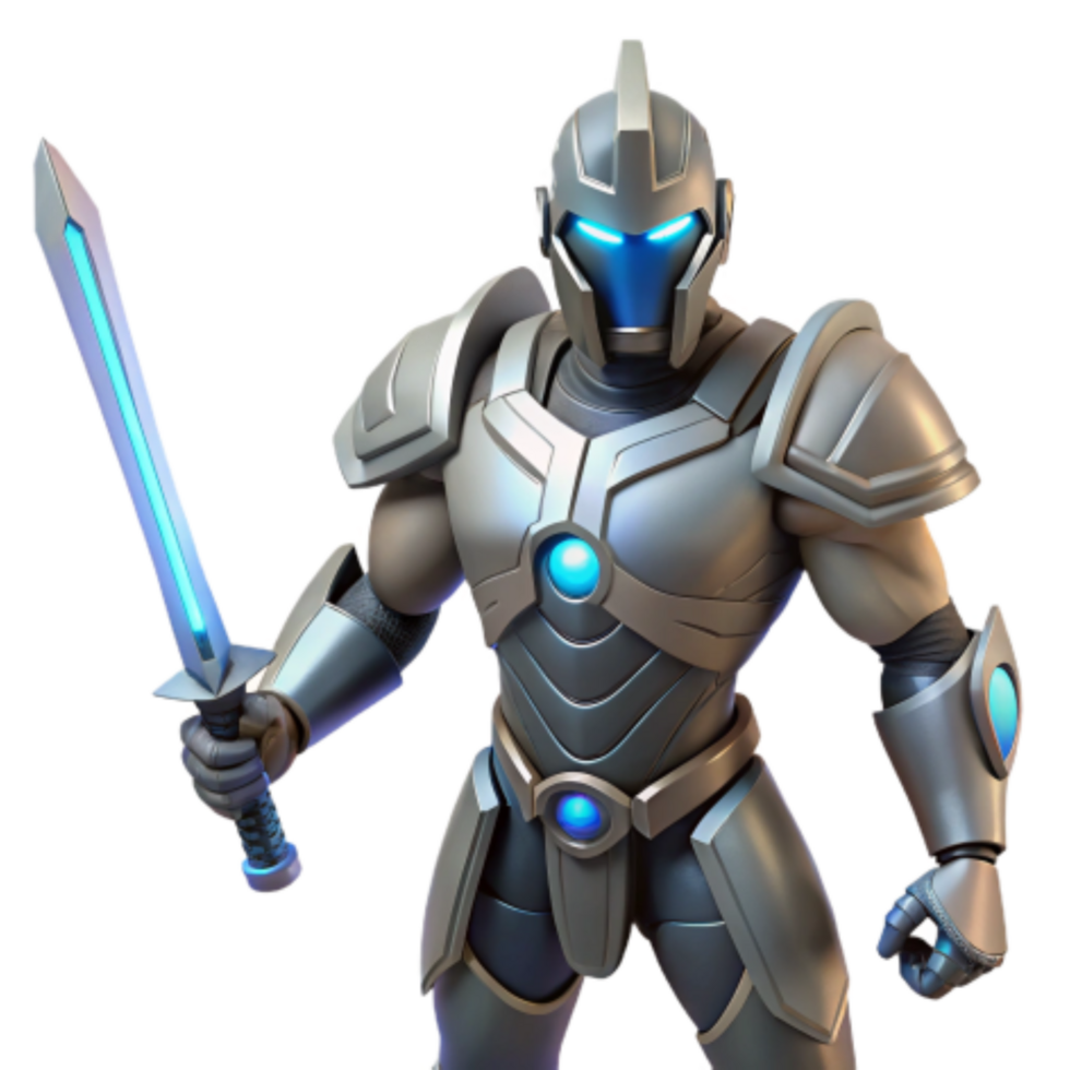 magnificent rustic Cybernetic Knight Futuristic Armor, Glowing Sword authentic png