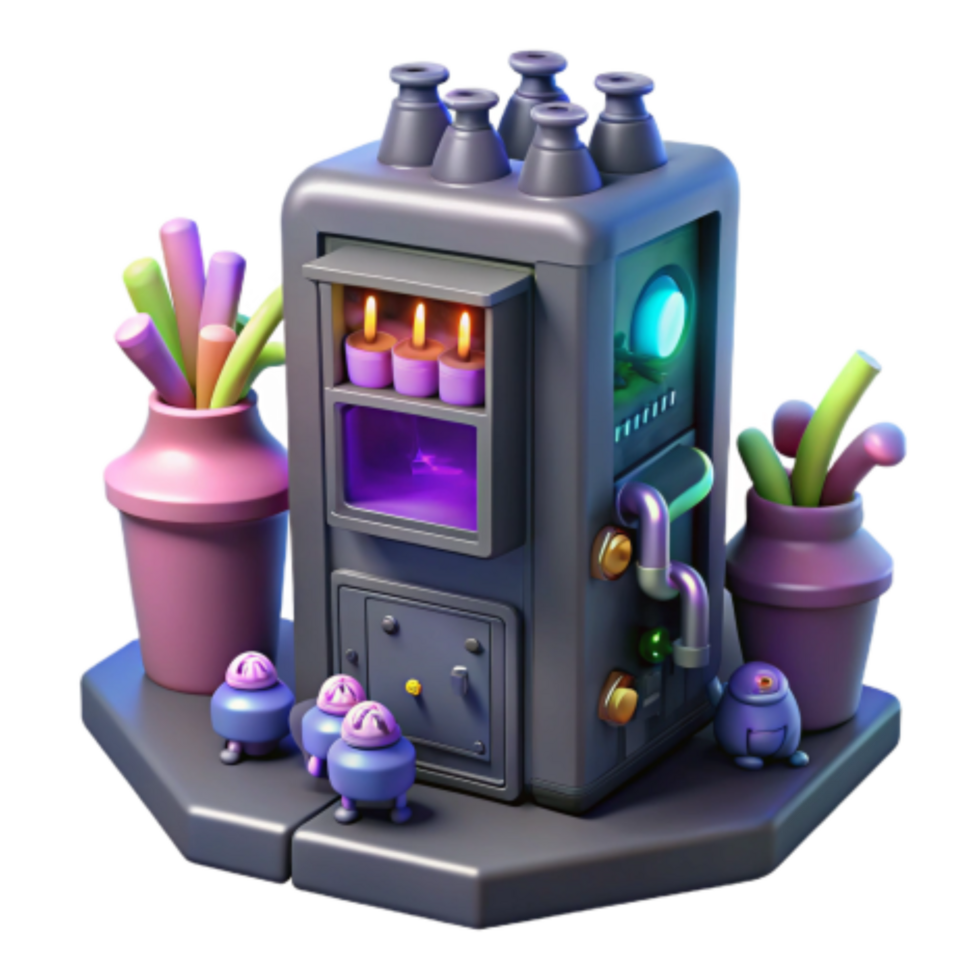 elegant contemporary Whimsical Potion-Making Machine with Candles and Plants premium png