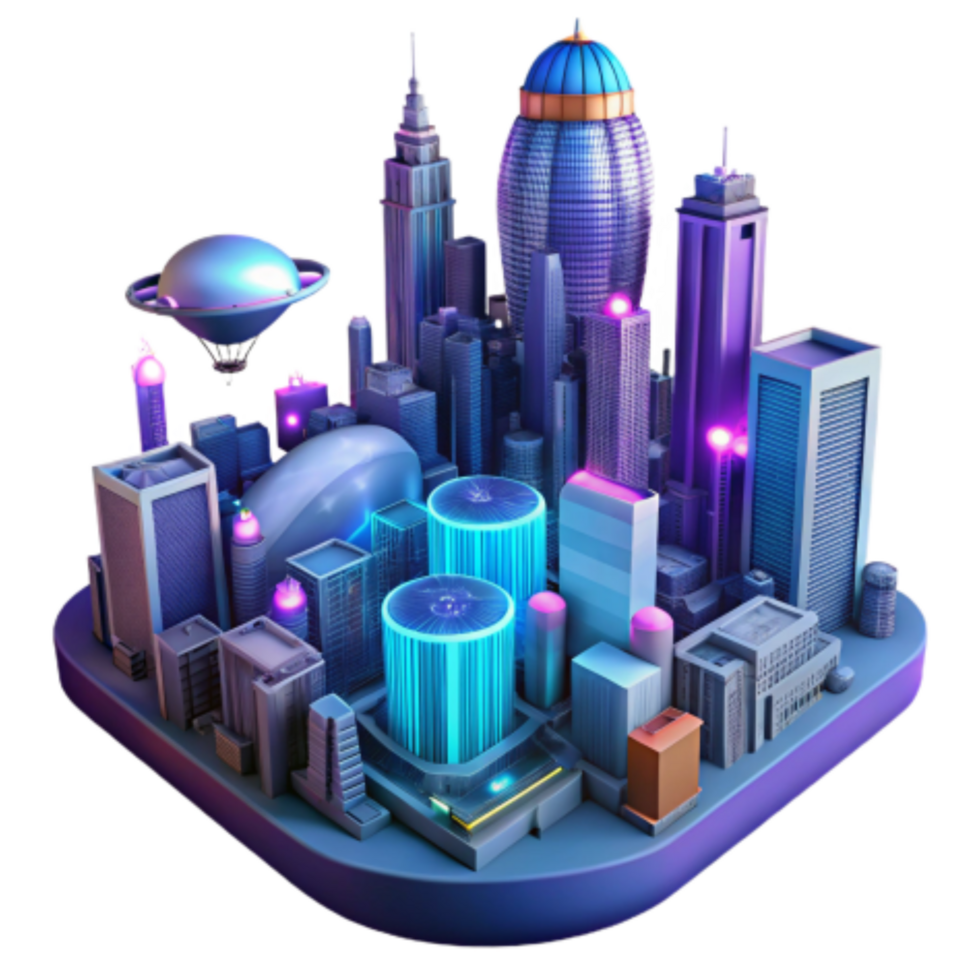 extraordinary contemporary Futuristic Cityscape Neon Towers and Flying Vehicles high quality png