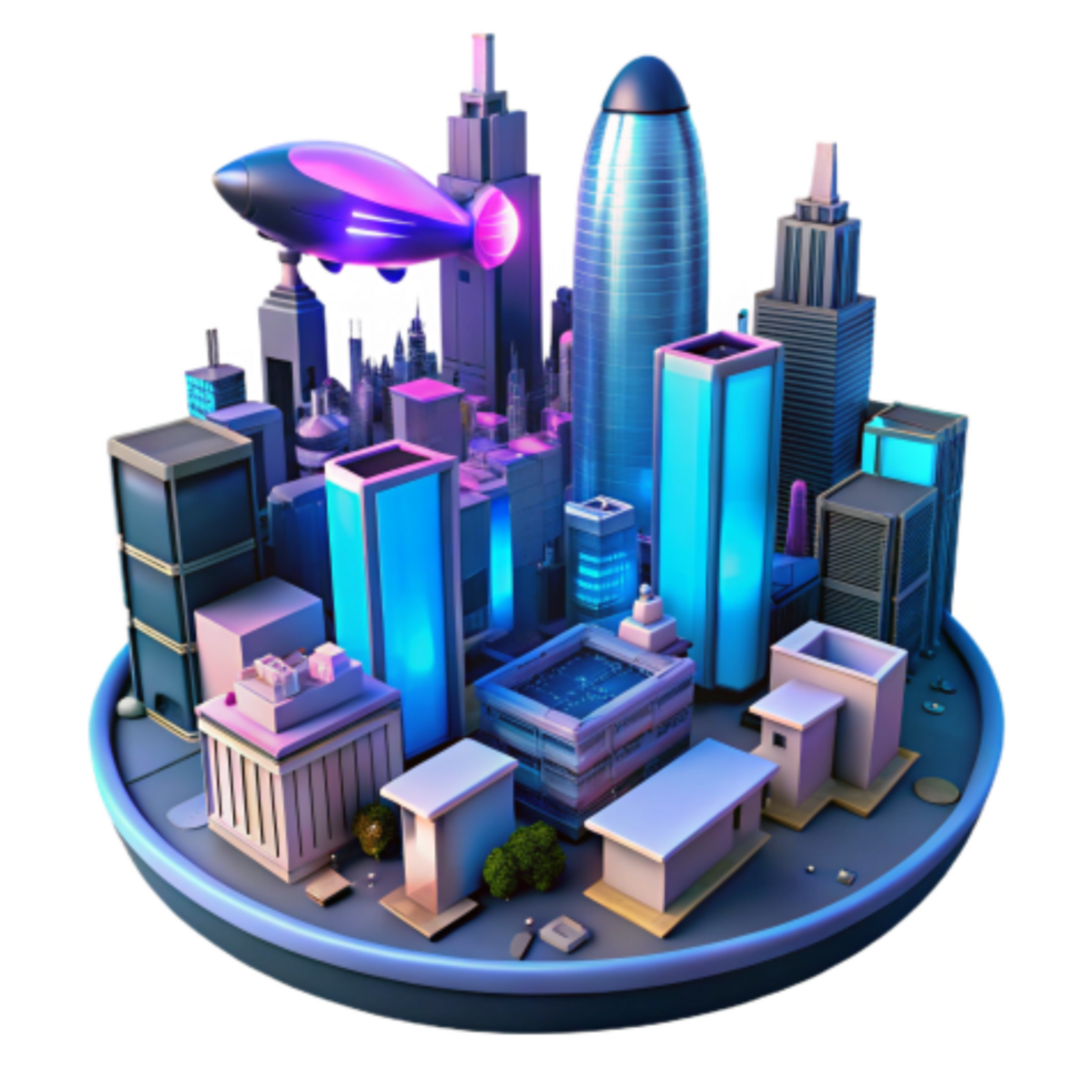 serene abstract Futuristic Cityscape Neon Lights, Flying Vehicle, Modern Architecture authentic png
